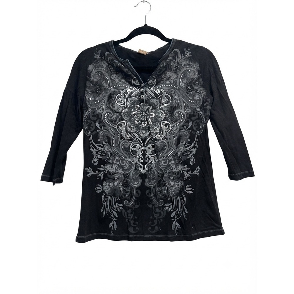 Blue Canyon Clothing‎ Womens XL Black Ornate Mandala Graphic 3/4 Sleeve Top USA